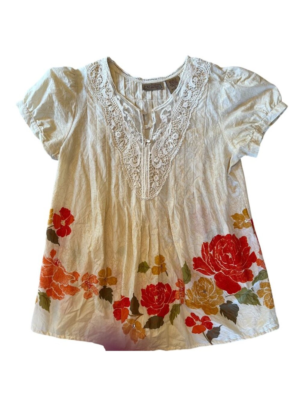 Art & Soul Womens Floral Cream Lace Boho Top  Red & Yellow Flowers Size Small